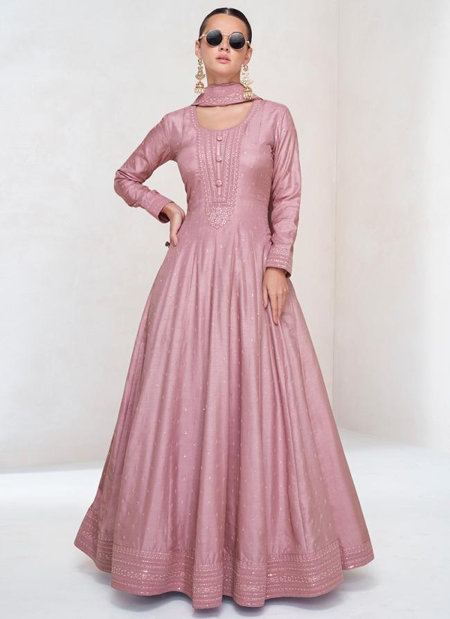 Premium Silk Pink Party Wear Embroidery Work Readymade Gown With Dupatta